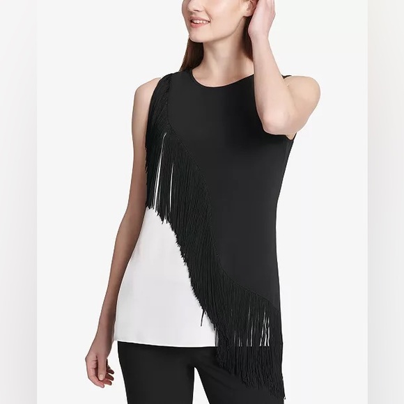 NWT Calvin Klein Sleeveless Asymmetrical Fringe Top in Black & White - Small - Picture 1 of 10